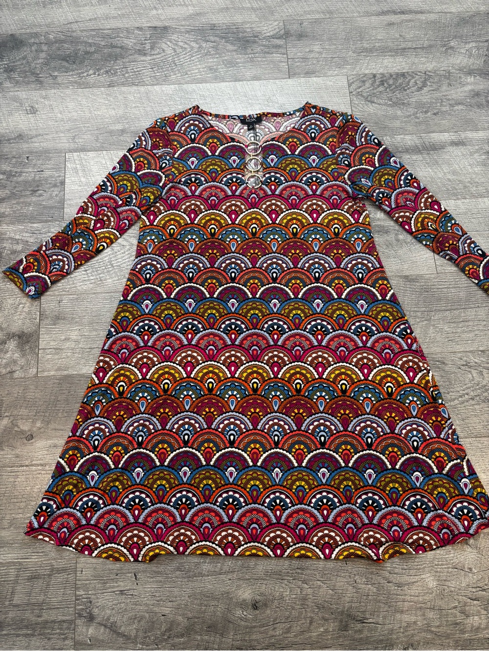 MSK Multicolor Scallop-Print Dress with Gold Ring Detail